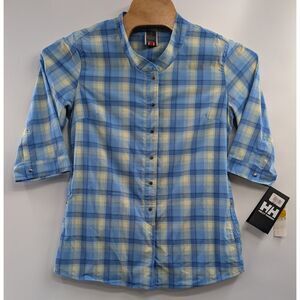 Helly Hansen Top Womens Large Blue Plaid 3/4 Sleeve Pockets Snap‎ NWT